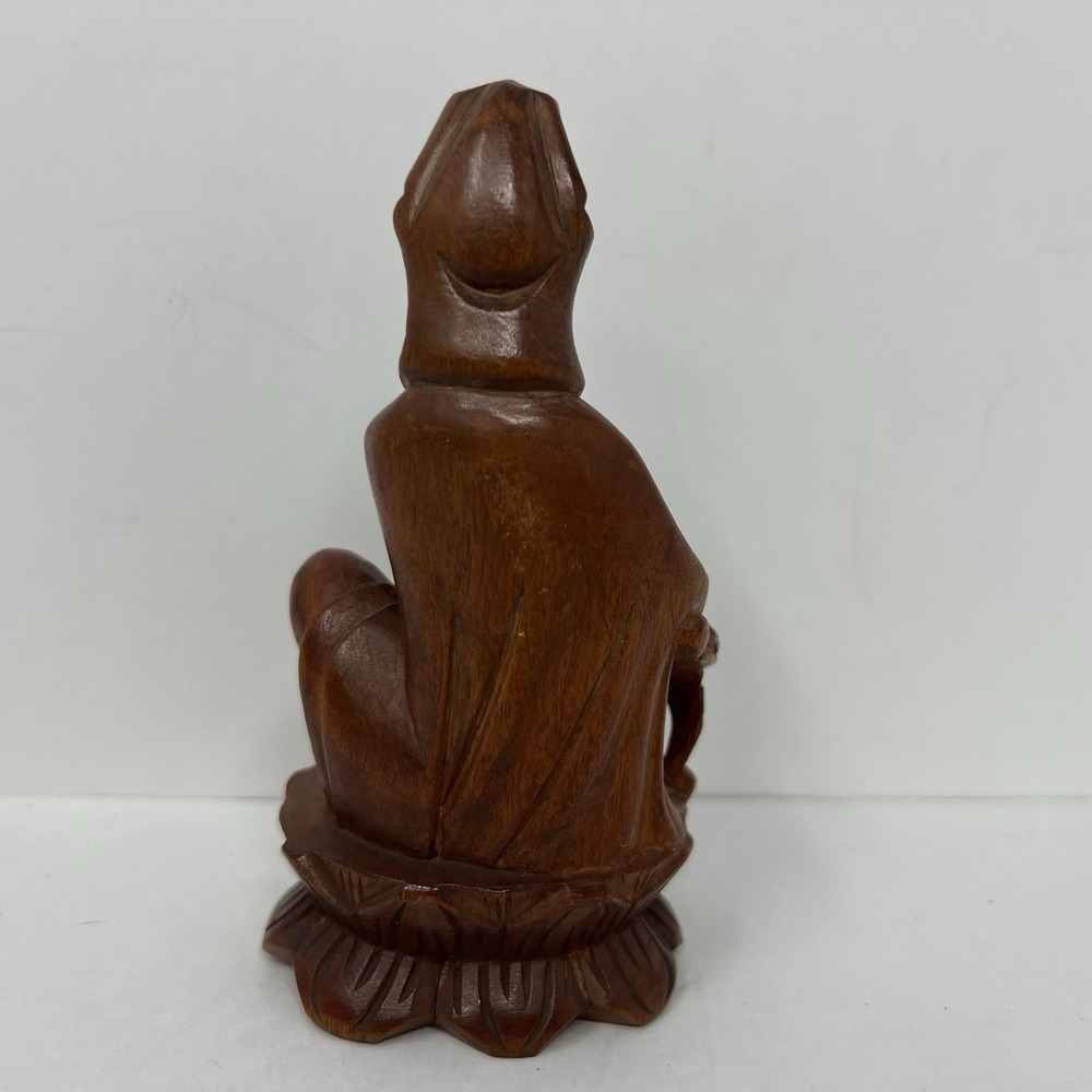 Hand Carved Wood Guanyin Bodhisattva Statuette Asian Royal Ease Pose Figure 4.8" - Picture 4 of 16
